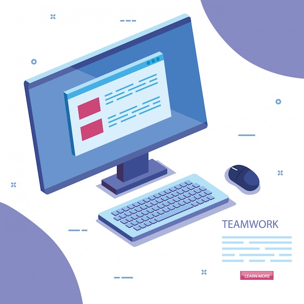 Teamwork scene with computer desk icon