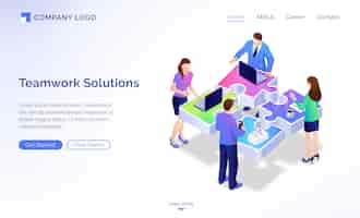 Free vector teamwork solutions isometric landing page, banner