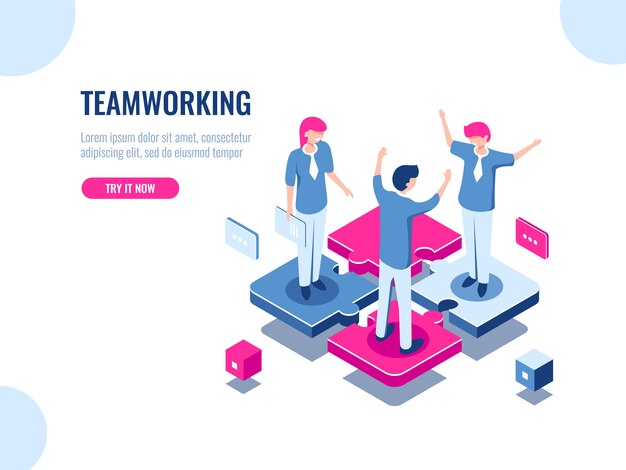 Teamwork success isometric icon, puzzle business solution, working together, association of people