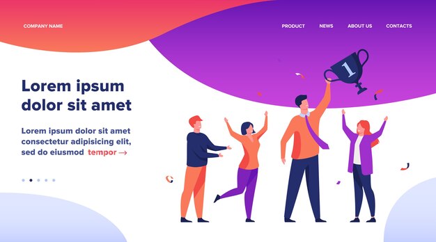 teamwork and team success concept. best employees winning cup, celebrating victory. flat vector illustration for leadership and career achievement topics
