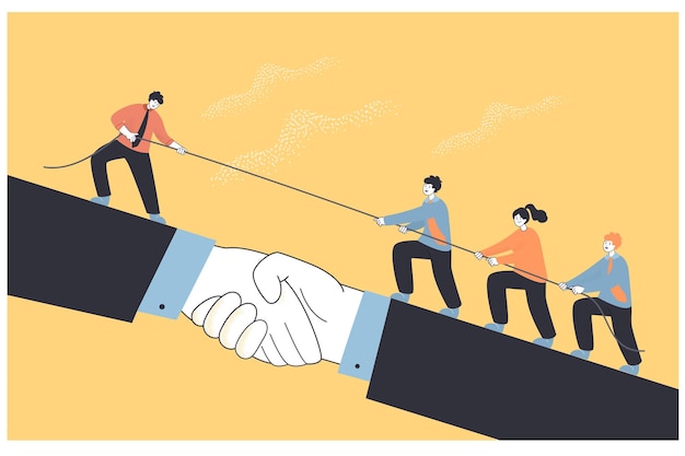 Teamwork of tiny business people climbing handshake after\
leader