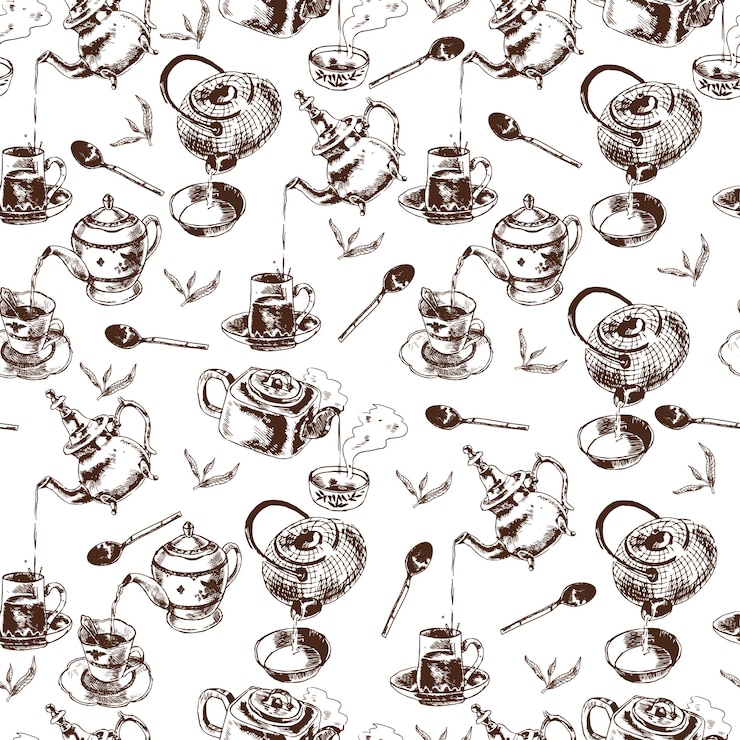 Free Vector teapot and cups traditional tea ceremony accessories vintage seamless wrap paper pattern doodle sketch vector illustration
