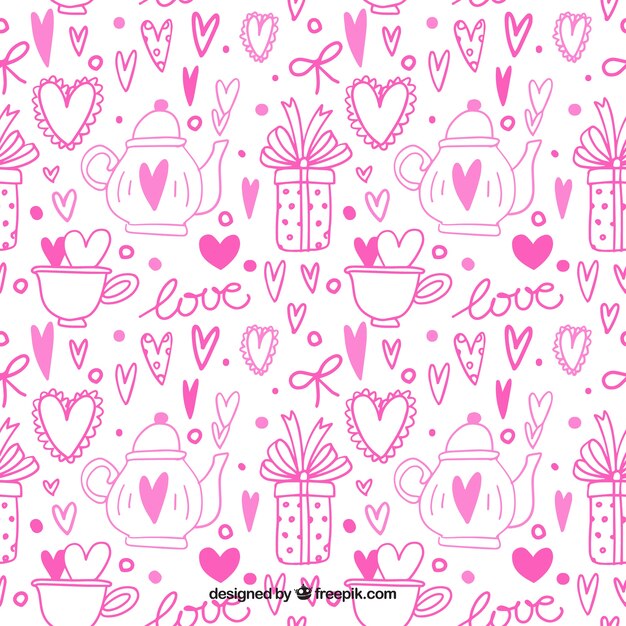 Teapot pattern and pink hearts