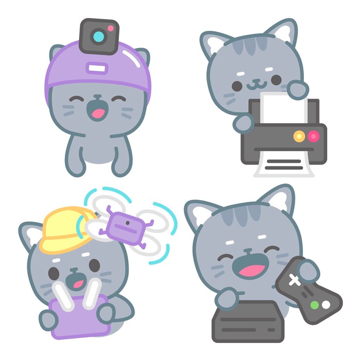 Free Vector tech stickers collection with tomomi the cat