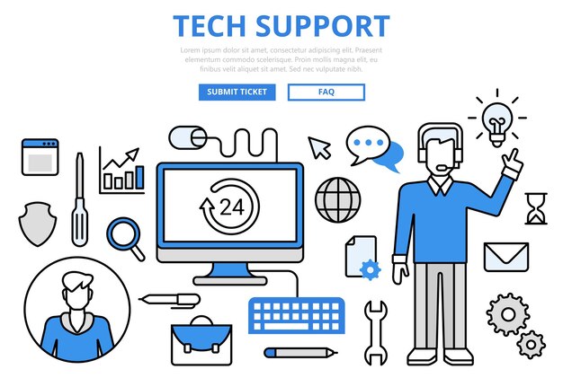 기술 지원 고객 기술 핫라인 개념 플랫 라인 아트 아이콘.