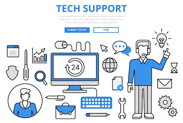 Technical support customer tech hotline concept flat line art  icons.