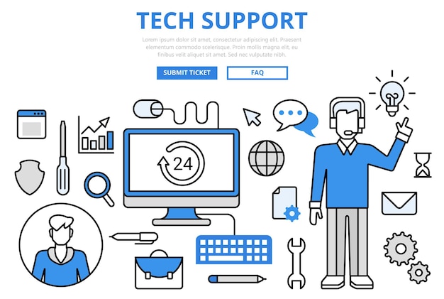 기술 지원 고객 기술 핫라인 개념 플랫 라인 아트 아이콘.