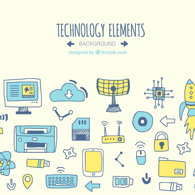 Technology background with devices in hand drawn style