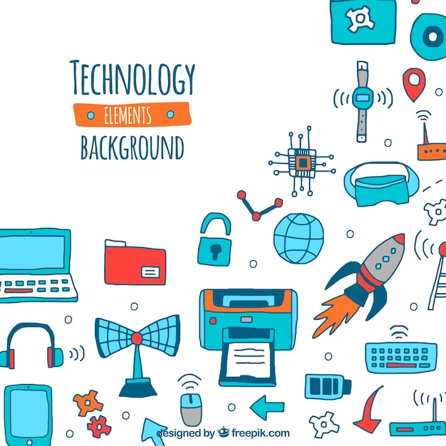 Technology background with devices in hand drawn style