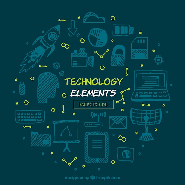 Technology background with devices in hand drawn style