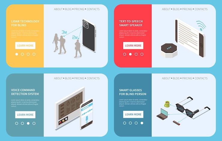 Free Vector technology for disabled people isometric set of four horizontal banners with editable text and page buttons