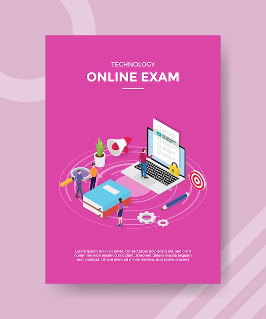Technology online exam people standing near book laptop for template of banner and flyer