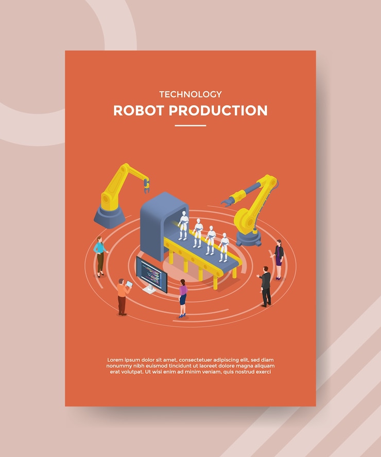 Free Vector technology robot production people standing around machine robot development for template flyer