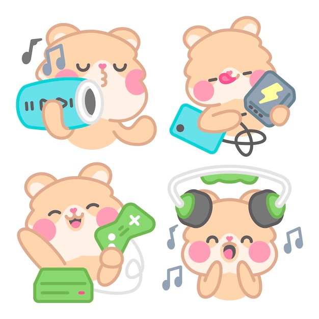 Free vector technology stickers collection with kimchi the hamster