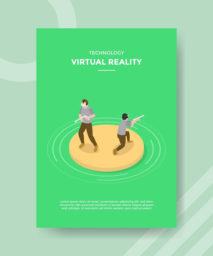 Free Vector technology virtual reality men wearing vr headset fire gun template flyer
