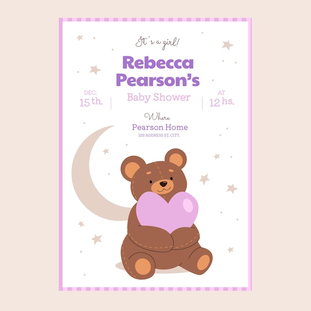 Vettore gratuito modello di invito baby shower orsacchiotto