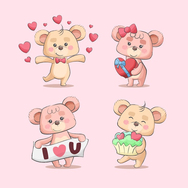 テディベア愛カップル漫画かわいいキャラクター手描きイラストセット プレミアムベクター