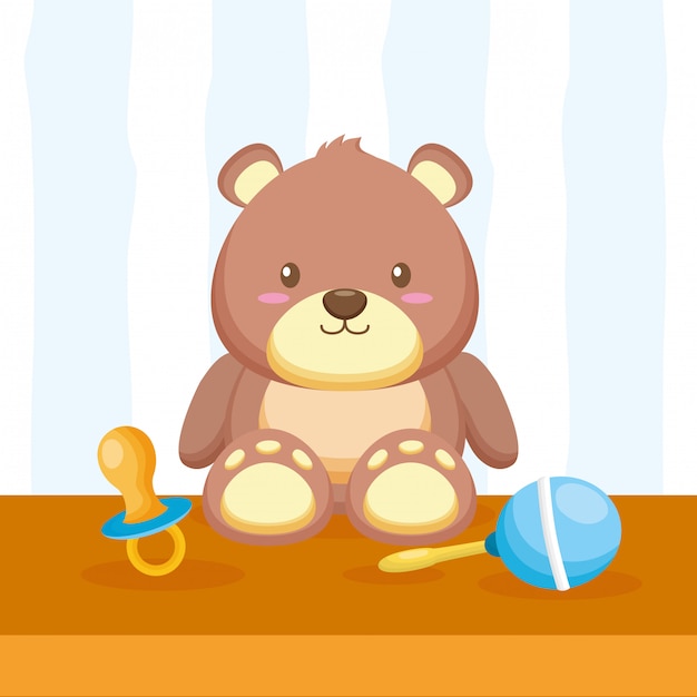 Free vector teddy bear, maraca and pacifier