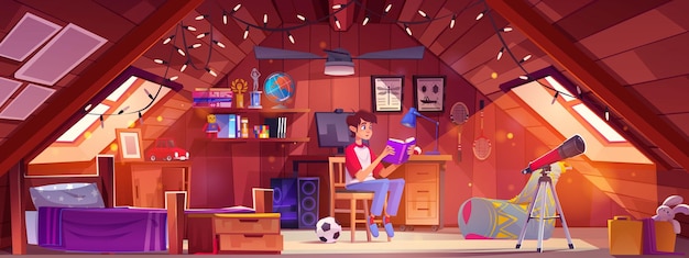 Free vector teen boy reading book in attic bedroom vector cartoon illustration of smart kid enjoying hobby tidy room with wooden bed drawer pictures on wall computer on desk armchair toys in box telescope