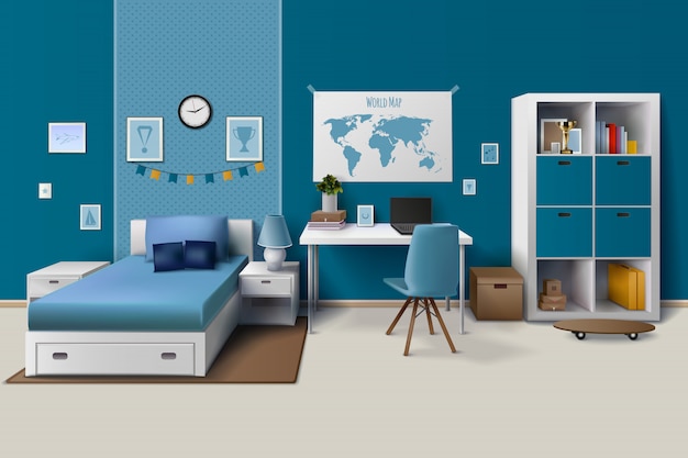 Free vector teen boy room interior design with trendy workspace for homework cupboard