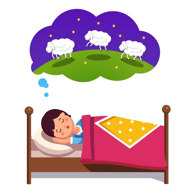 羊を飛び回って数えて眠っている十代の少年