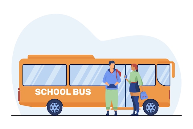 Teen couple standing at school bus. School students, boy and girl talking flat vector illustration. Commuting, dating, youth 