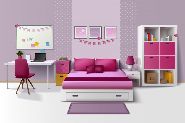 Free vector teen girl room modern interior design with magnetic whiteboard cupboard and bed