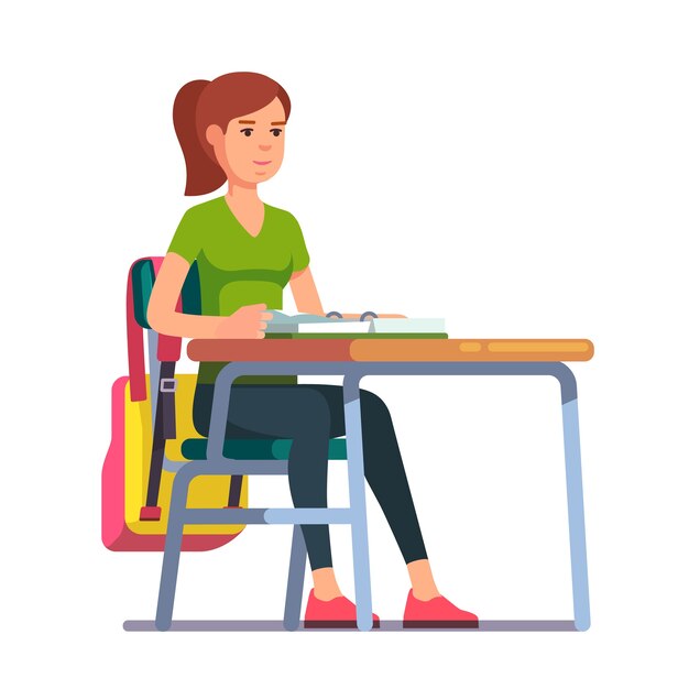 Девочка-студентка-подростка, сидящая на своем школьном столе