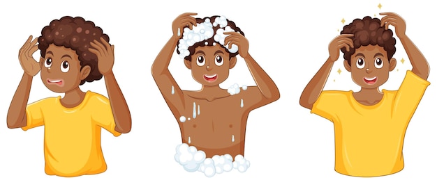 Free vector teenage boy washing hair characters set