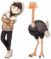 Free vector teenage boy and wild ostrich