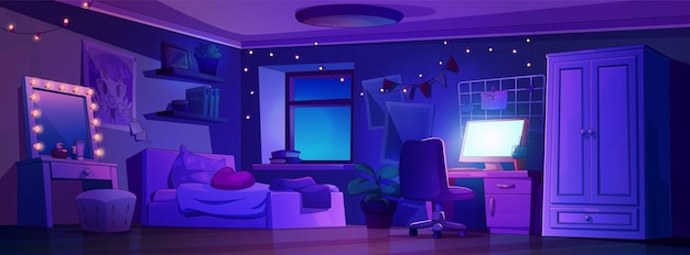 Teenage girl room interior at night