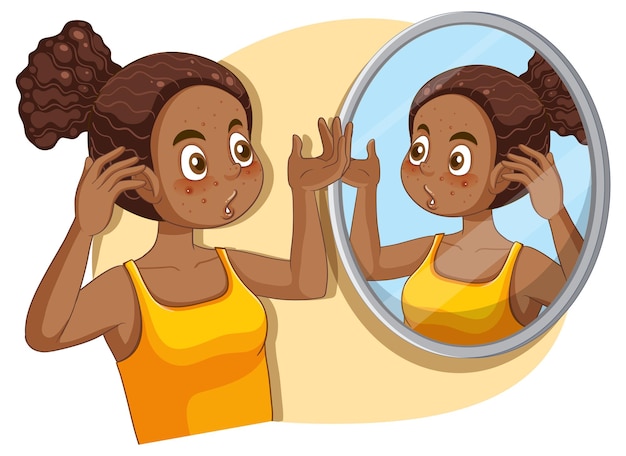 Free vector teenage girl with acne problem examining her skin in the mirror