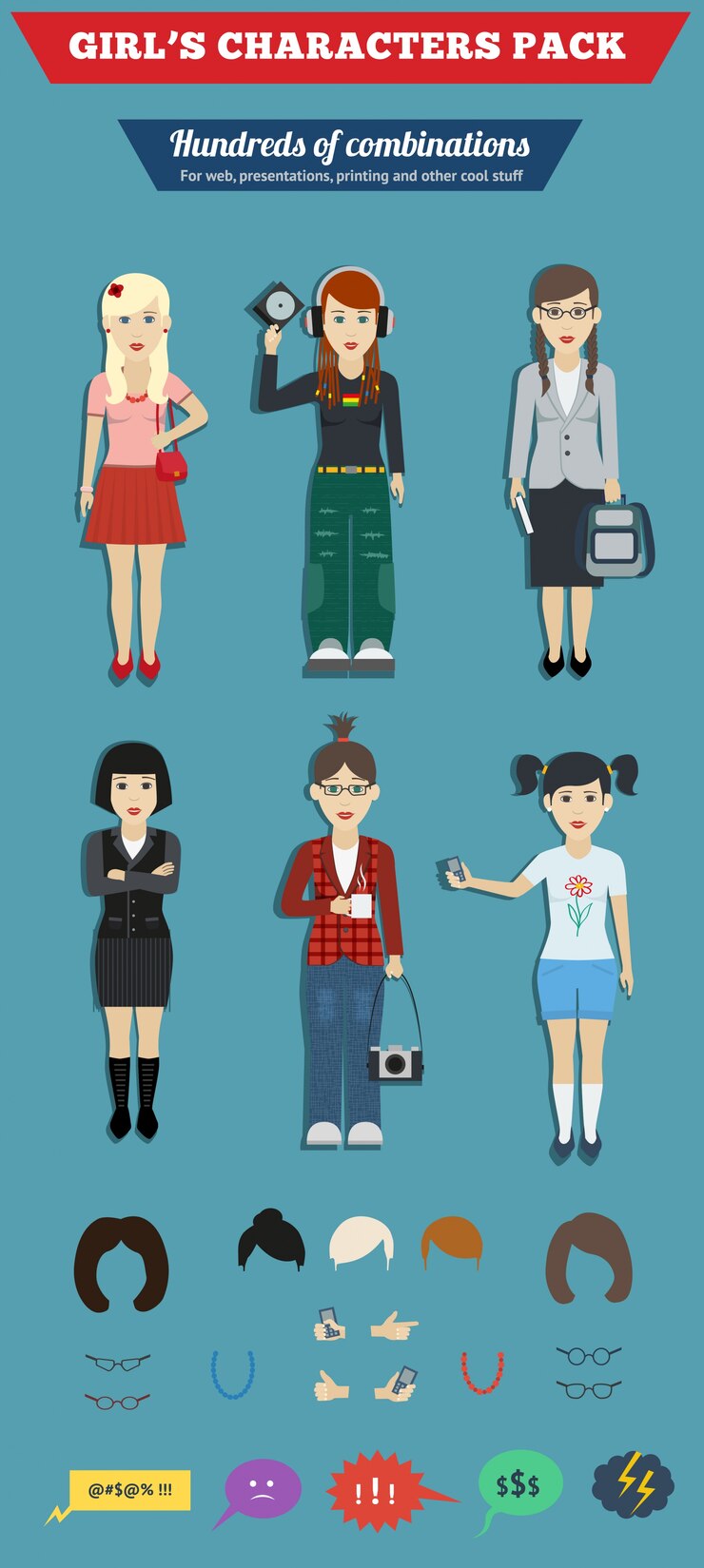 무료 Vector 다른 의류 스타일 문자 팩 벡터 일러스트 레이 션에 십 대 소녀