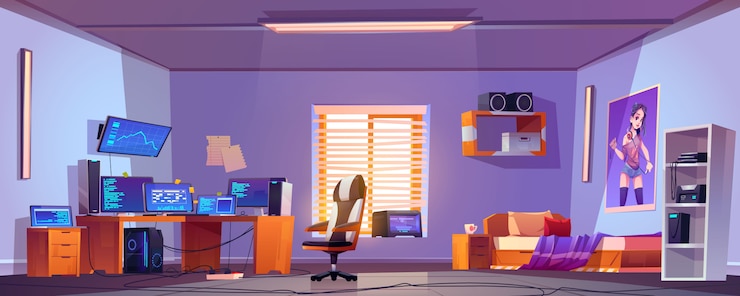 Free Vector teenager boy bedroom interior, computers on desk