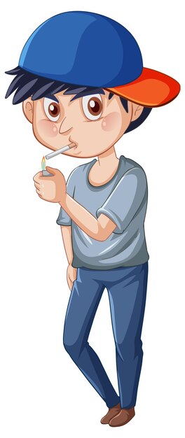 Teenager boy smoking cigarette smoking cartoon character on whit