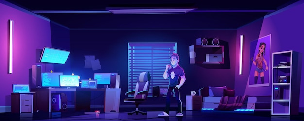 Free vector teenager drinks coffee in bedroom with workspace of hacker at night