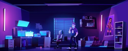 Free vector teenager drinks coffee in bedroom with workspace of hacker at night
