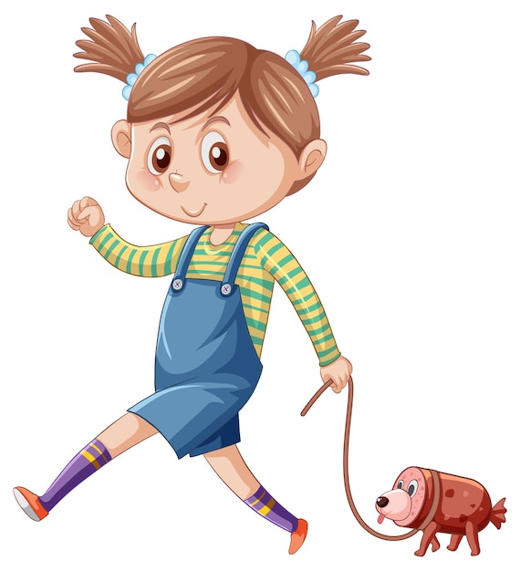 Free vector teenager girl walking with pet  cartoon character on white backg