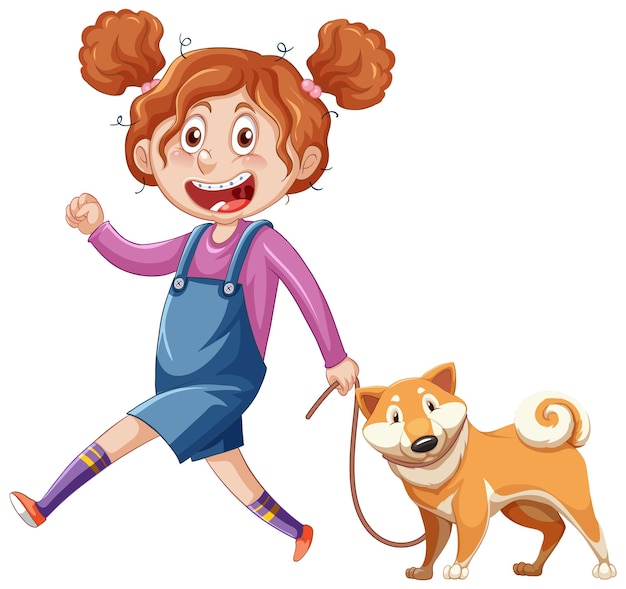 Teenager girl walking with pet cartoon character on white backg