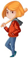 Teenager girl with baseball bat cartoon character on white backg