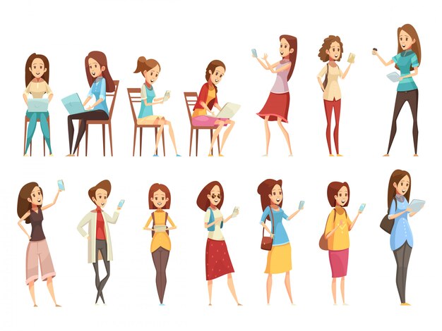 Персонажи девочек-подростков с телефона планшета и ноутбука ретро мультфильм иконки 2 баннеры набор изолированных векторная иллюстрация