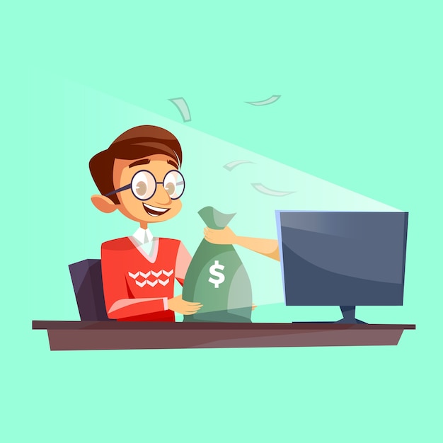 Free vector teenager winning money in internet cartoon. young boy happy receiving dollars