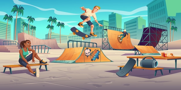 Teenagers in skate park, rollerdrome perform skateboard jumping\
stunts on quarter and half pipe ramps illustration