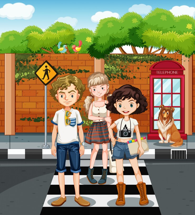 Free Vector teenagers standing on the zebra crossing