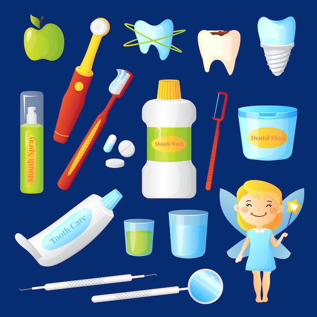 Free vector teeth care set with dentist and health symbols flat isolated vector illustration