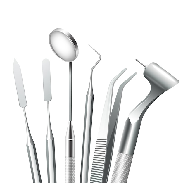 Free vector teeth dental medical equipment steel tools set realistic