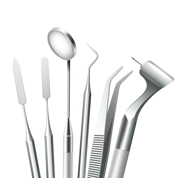 Зубная стоматологическая медицинская техника Стальные инструменты установлены реалистично
