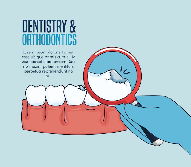 Бесплатное векторное изображение Лечение зубов медициной и увеличительное стекло