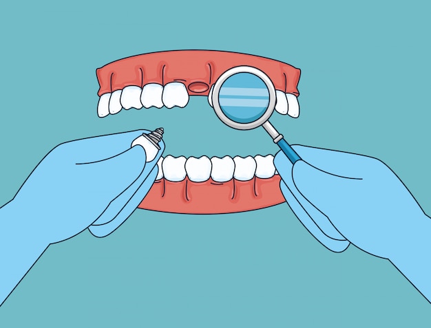 無料ベクター 口鏡と補綴物による歯の治療