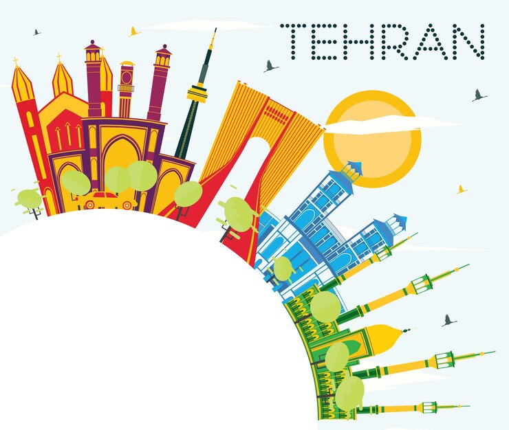  Tehran skyline with color landmarks, blue sky and copy space. vector illustration. business travel 